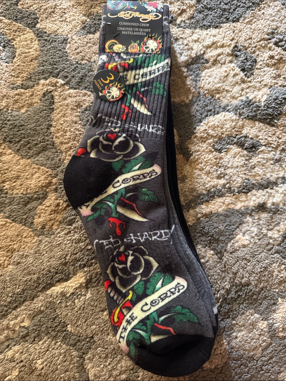 Ed Hardy Black Crew Socks with Red & Green Tattoo Rose Print